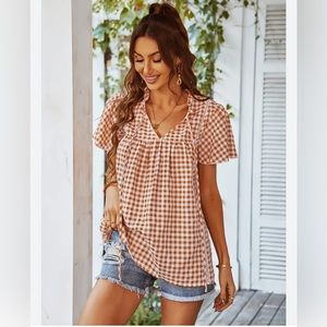 KIRUNDO - Gingham plaid v-neck loose airy summer blouse